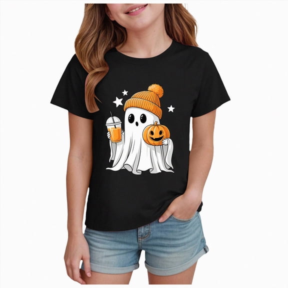 xaweyi Girls Crew Neck Short Sleeve Tee Halloween Ghost With Beanie And Pumpkin Graphic Casual Youth T-Shirt