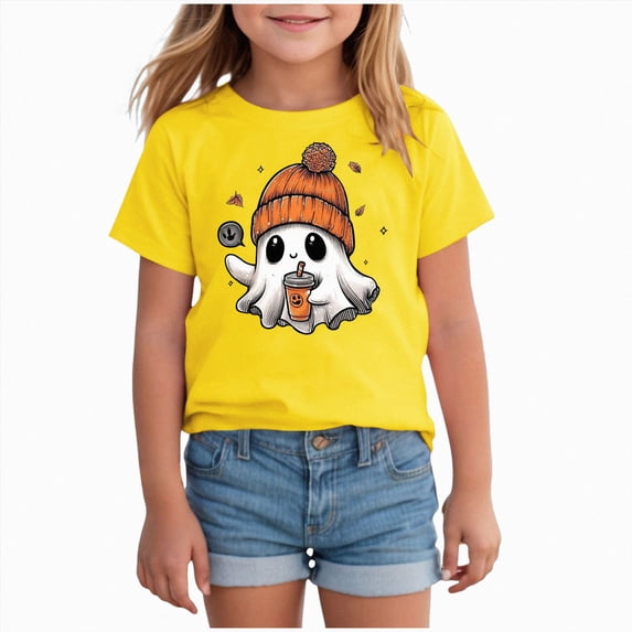 xaweyi Girls Cute Ghost Halloween Graphic Tee Short Sleeve Crew Neck Kids Fall Holiday Top,Sizes 18-24 Months