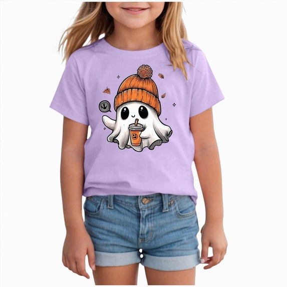 xaweyi Girls Cute Ghost Halloween Graphic Tee Short Sleeve Crew Neck Kids Fall Holiday Top,Sizes 8-9 Years