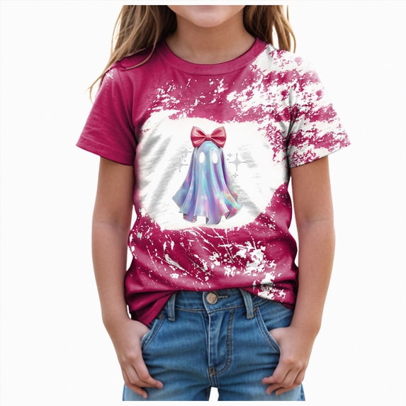 xaweyi Girls Cute Ghost Halloween Shirt Short Sleeve Crew Neck Graphic Tee Kids Party Wear,Sizes 5-6 Years