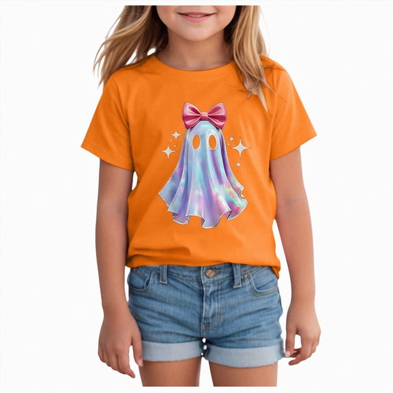 xaweyi Girls Cute Ghost Halloween T Shirt Short Sleeve Crew Neck Graphic Tee for Kids Party,Sizes 6-7 Years