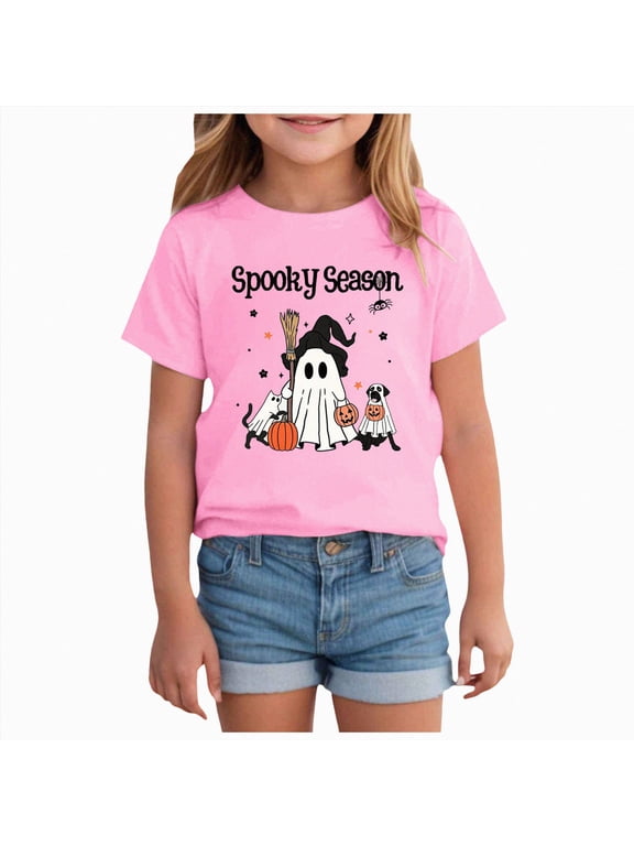 Girls Fall Halloween Shirt Cute Ghost Graphic Short Sleeve Crew Neck Kids Party Top,Sizes 5-6 Years