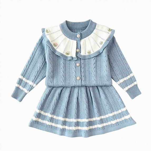 xaweyi Girls' Fall/Winter Fashion Sweater Set with Ruffled Knit Cardigan and Yarn Skirt Two Piece Outfit Size 6 Years