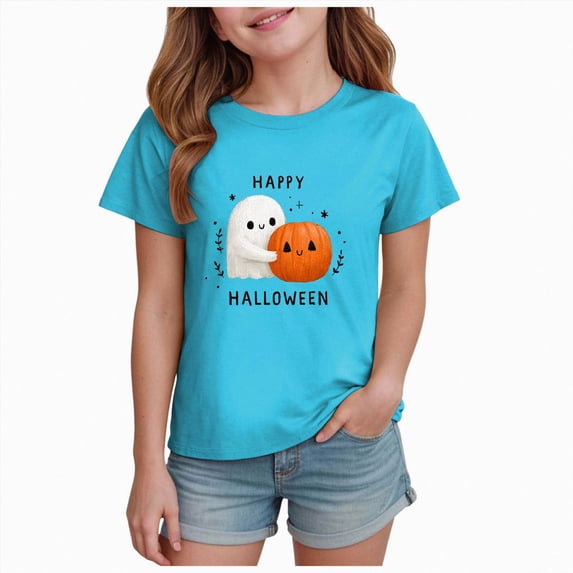 xaweyi Girls Halloween Party Outfit T Shirt Short Sleeve Crew Neck Ghost Pumpkin Cartoon Casual Top