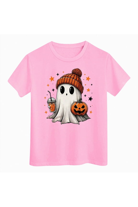 Girls Halloween Shirt Cute Ghost with Pink Bow Graphic Short Sleeve Crew Neck Tee,Sizes 1-2 Years