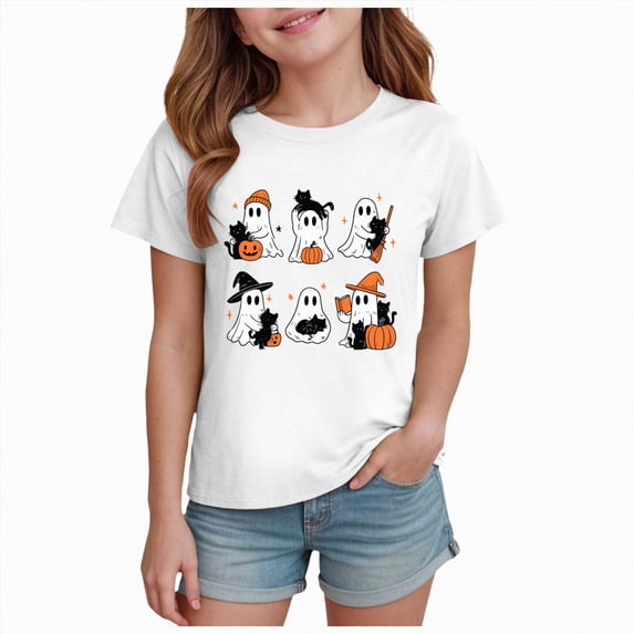 xaweyi Girls Halloween Short Sleeve Fashion Tops Crew Neck Cartoon Graphic Casual T Shirt