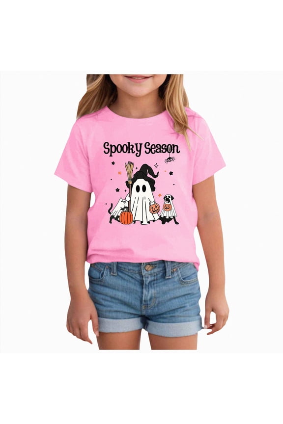 Girls Halloween Short Sleeve T Shirt Cute Ghost Graphic Crew Neck Tee Kids Party Top,Sizes 2-3 Years