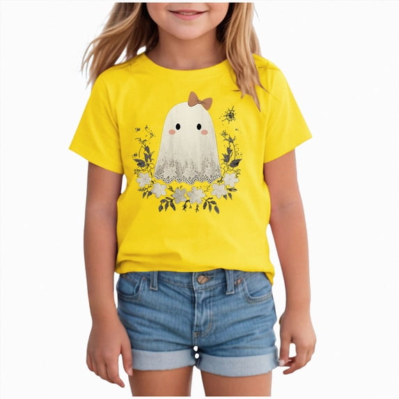 xaweyi Girls Halloween Short Sleeve Top Cute Ghost Graphic Crew Neck Tee Fall Party Shirt,Sizes 18-24 Months
