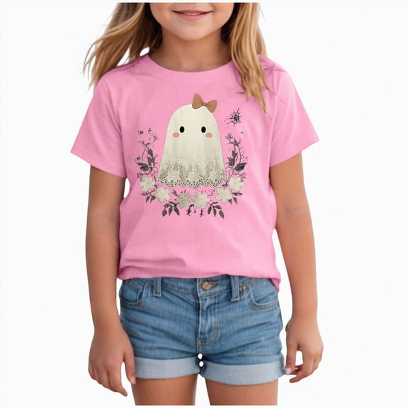 xaweyi Girls Halloween Short Sleeve Top Cute Ghost Graphic Crew Neck Tee Fall Party Shirt,Sizes 4-5 Years