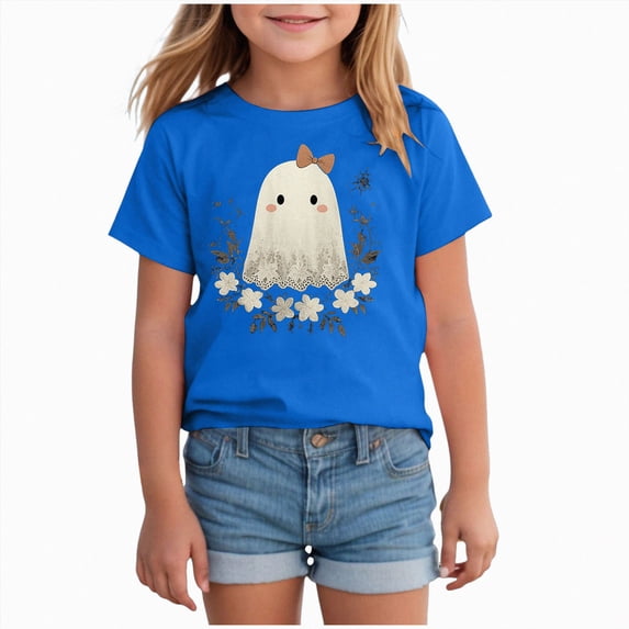 xaweyi Girls Halloween T Shirt Cute Ghost and Flowers Graphic Short Sleeve Crew Neck Tee,Sizes 4-5 Years