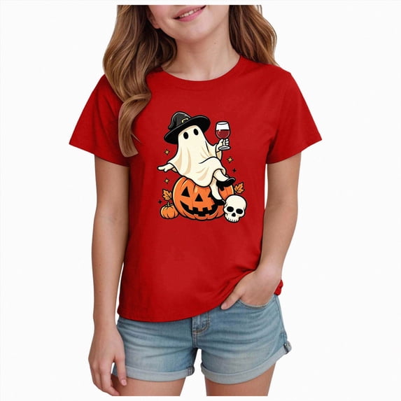xaweyi Halloween Cartoon Graphic Crew Neck T Shirt for Girls Short Sleeve Casual Youth Party Tee