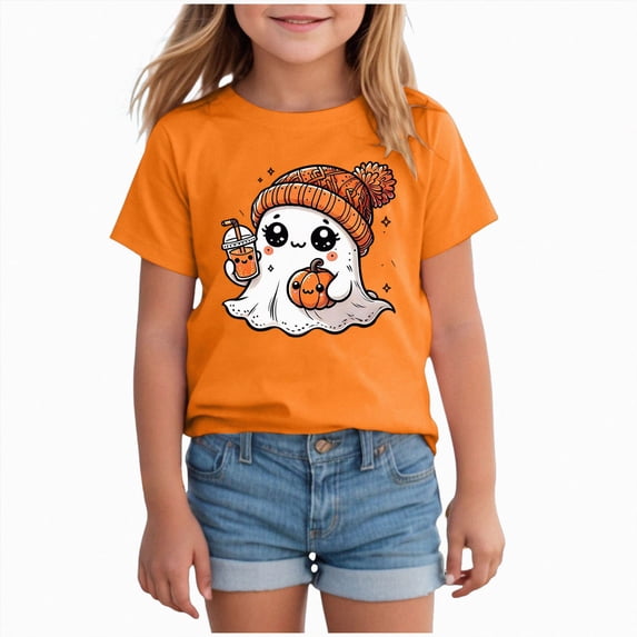 xaweyi Halloween Girls Graphic Tee Cute Ghost with Butterfly Short Sleeve Crew Neck Shirt,Sizes 2-3 Years