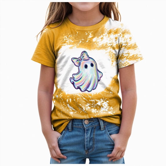 xaweyi Halloween T Shirt for Girls Cute Ghost Graphic Short Sleeve Crew Neck Holiday Top,Sizes 5-6 Years