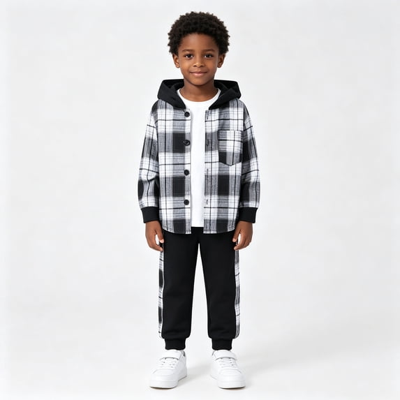 xaweyi Kids Boys Hooded Plaid Shirt Jacket and Sweatpants 2 Piece Matching Outfit Casual School Wear,Sizes 4 Years