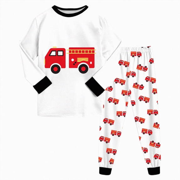 xaweyi Kids Boys Vehicle Graphic Sleep Outfit 2T 3T 4T 5T 6T 7T 8T Long Sleeve Crew Neck Top and All Over Print Jogger Pajama Bottoms