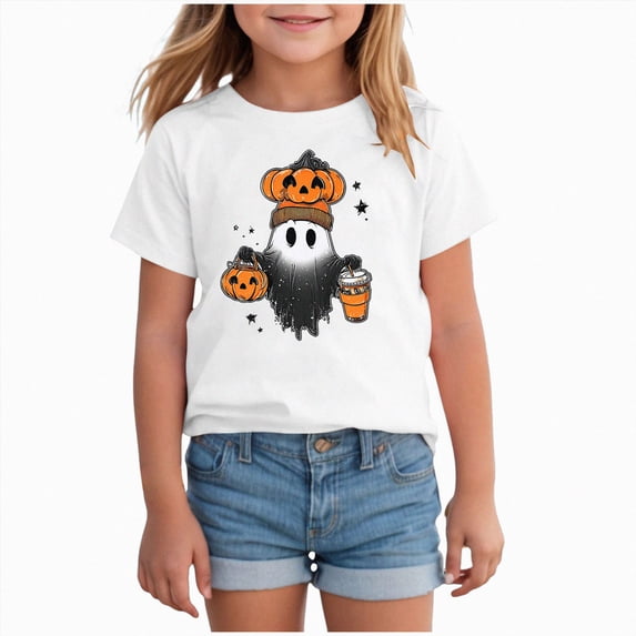 xaweyi Kids Halloween Cute Ghost T Shirt Short Sleeve Crew Neck Girls Holiday Party Top,Sizes 6-7 Years