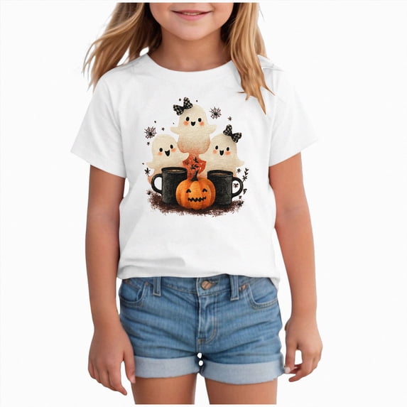 xaweyi Kids Halloween Shirt Cute Ghost Graphic Short Sleeve Crew Neck Girls Holiday Fall Top,Sizes 2-3 Years