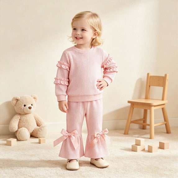 xaweyi Little Girls 2 Piece Outfit Ruffle Sleeve Crew Neck Sweatshirt Bow‑Decor Flare Bell Bottom Pants Set Kids Fall Casual Clothes Size 3-4 Years
