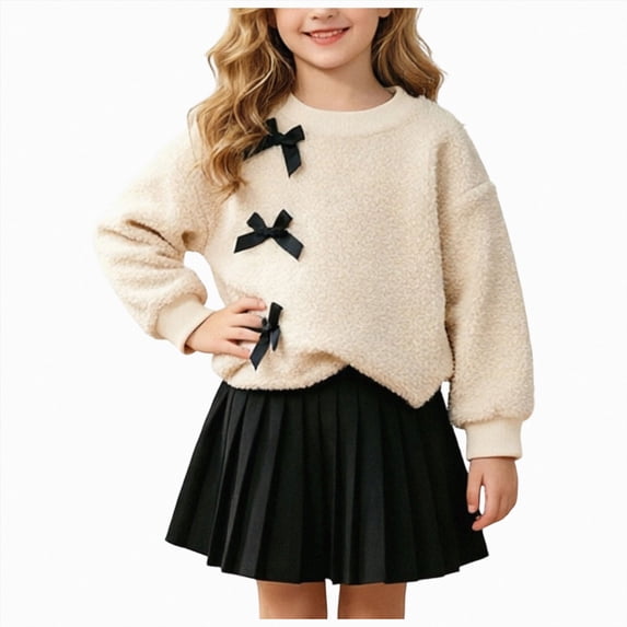 xaweyi Little Girls Fuzzy Bow Decor Sweatshirt Skirt Outfit 2‑Piece Long Sleeve Top & Pleated Skirt Set Size 5 Years