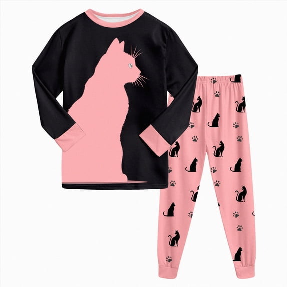 xaweyi Toddler Girls Fall Pajamas 2T 3T 4T 5T 6T 7T 8T Pink Cat Silhouette Print 2 Piece Crew Neck Long Sleeve Sleep Set