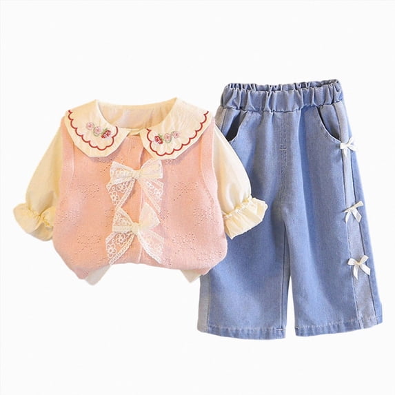 xaweyi Toddler Girls Fall Three Piece Outfit Long Sleeve Shirt with Lace Bow Knitted Vest and Jeans Size 0-1 Years