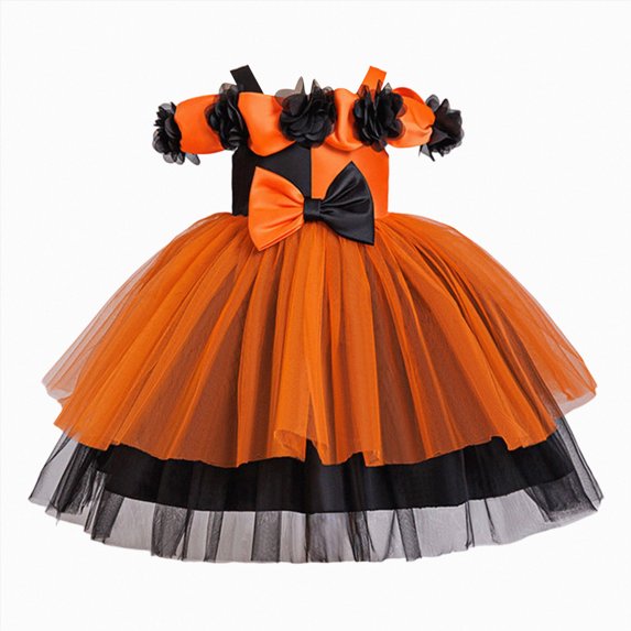 xaweyi Toddler Girls Off Shoulder Halloween Tulle Dress, Floral Decor Color Block Tutu Costume Dress With Big Bow