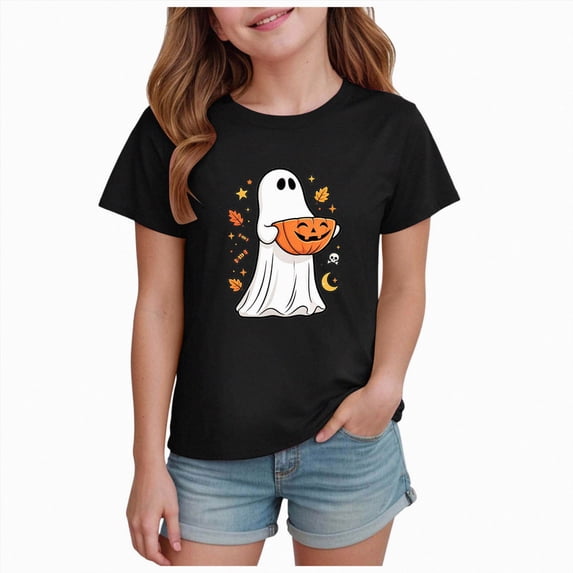 xaweyi Trendy Kids Girls Halloween Graphic T Shirt Crew Neck Short Sleeve Cartoon Print Casual Top