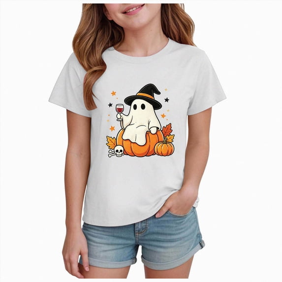xaweyi Trendy Kids Girls Halloween Graphic T Shirt Crew Neck Short Sleeve Cartoon Print Casual Top