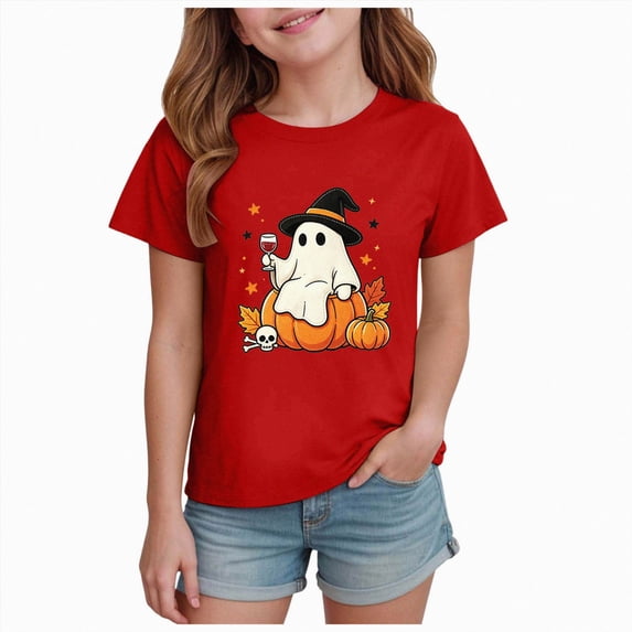 xaweyi Trendy Kids Girls Halloween Graphic T Shirt Crew Neck Short Sleeve Cartoon Print Casual Top