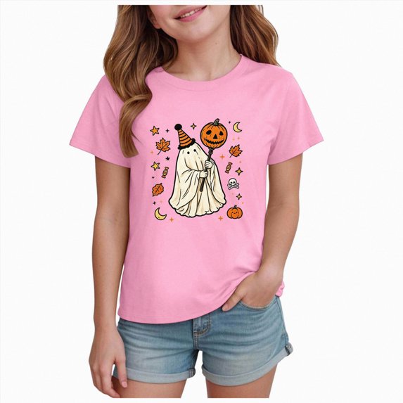 xaweyi Youth Girls Halloween Short Sleeve Crew Neck T-Shirt Single Ghost Pumpkin Border Print Holiday Top