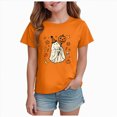 thumbnail image 1 of xaweyi Youth Girls Halloween Short Sleeve Crew Neck T-Shirt Single Ghost Pumpkin Border Print Holiday Top, 1 of 7