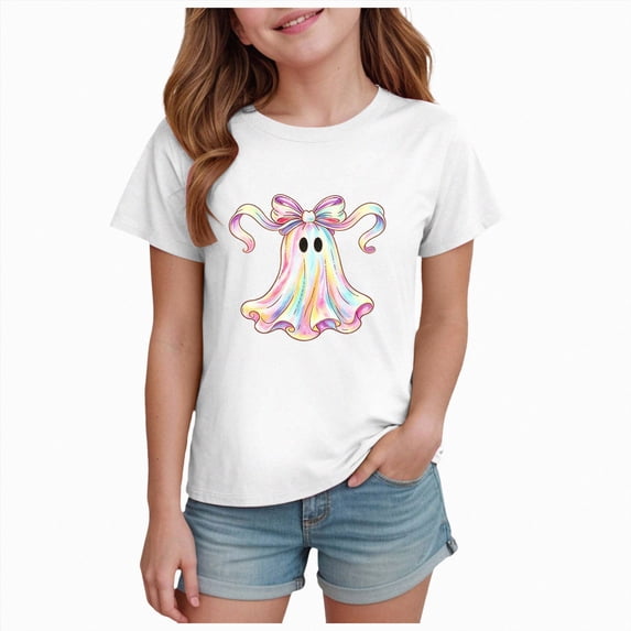 xaweyi Youth Girls Halloween Short Sleeve Tee Crew Neck Ghost Pumpkin Cartoon Graphic Casual T Shirt