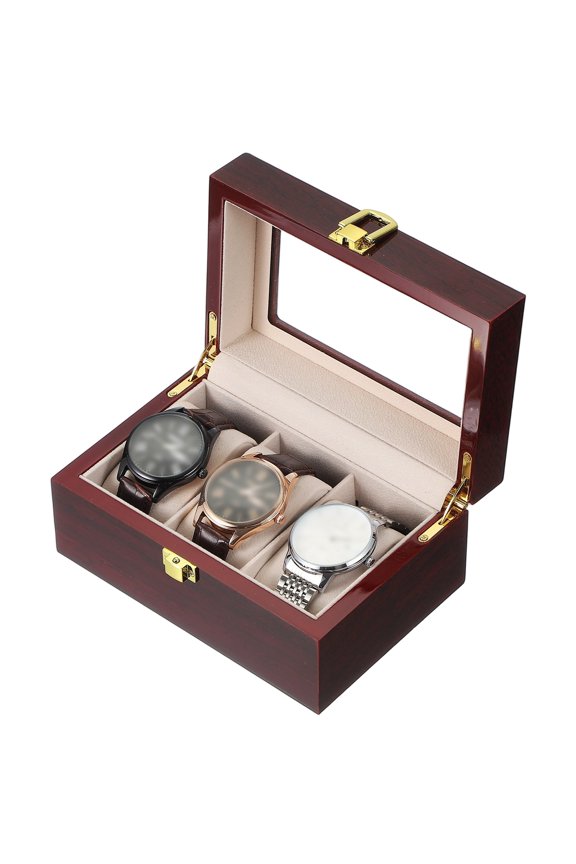 xcell 3 Slot Watch Storage Box, Watch Box for Men with Glass Cover, Wooden Watch Box with Removable Watch Pillow, Red