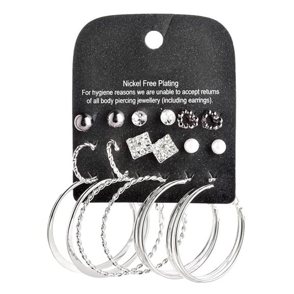 xeoereki 9 Pairs Earring Rhinestone Inlaid Jewelry Gift Alloy Stud Hoop Earrings Set for Dating Silver