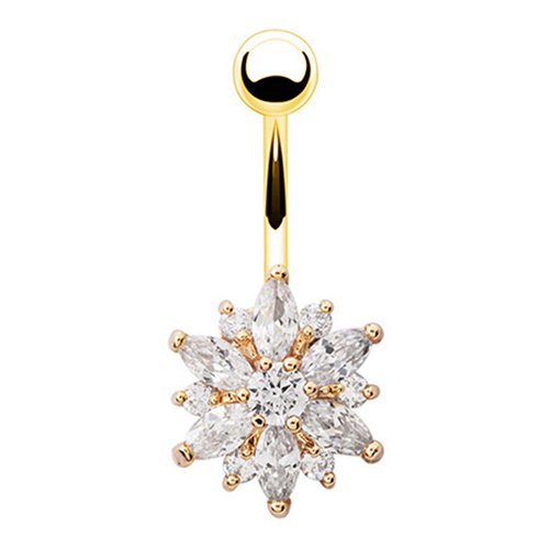 xeoereki Flower Cubic Zirconia Belly Button Ring Navel Bar Barbell Body Piercing Jewelry Golden + White