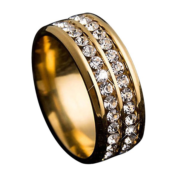 xeoereki Ring Wide-width Fadeless Titanium Steel Double Rows Rhinestone Unisex Jewelry for Wedding Party Golden