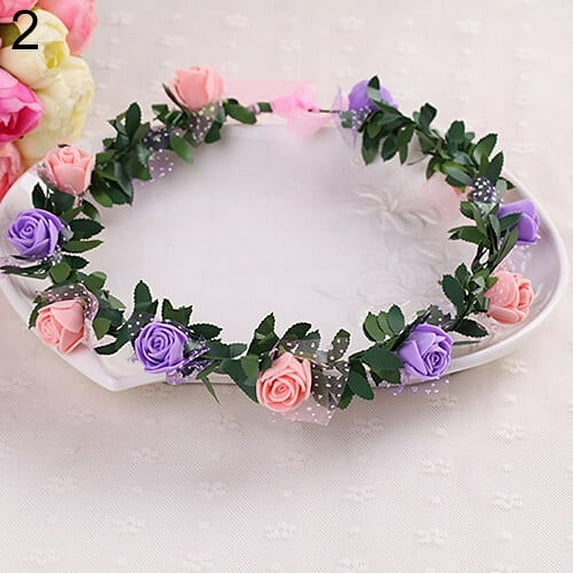 xeoereki Rose Flower Crown Headband Wreath Party Wedding Bridal Garland Hairband Headwear Pink + Purple