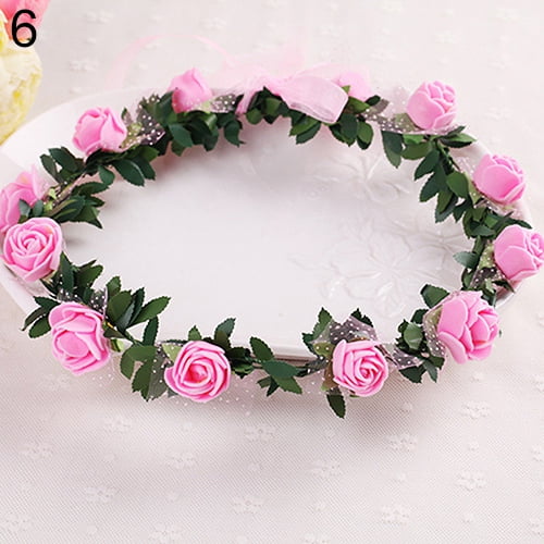 xeoereki Rose Flower Crown Headband Wreath Party Wedding Bridal Garland Hairband Headwear Pink