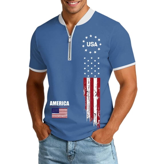 xfsWaSs 4th Of July Shirts For Men American Flag T-Shirt Casual Half Zip Short Sleeve T Shirt Tops Patriotic Independence Day Celebration Stylish Tee Shirt