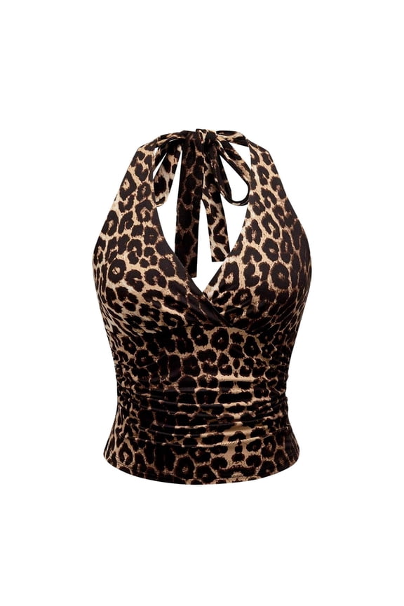 Beach Tank Tops For Women Leopard Print Ruched Halter Crop Tops Open Back V Neck Tie Back Sleeveless Slim Fit Cami Tops Comfy Cami Shirts