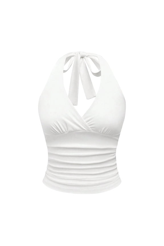 Beach Tank Tops For Women Leopard Print Ruched Halter Crop Tops Open Back V Neck Tie Back Sleeveless Slim Fit Cami Tops Comfy Tank Tops