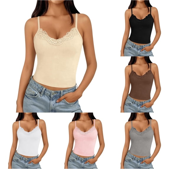 xfsWaSs Crop Tank Tops for Women V Neck Lace Patchwork Tank Top Spaghetti Straps Camisole Solid Color Sleeveless Shirts Cute Going Out Top