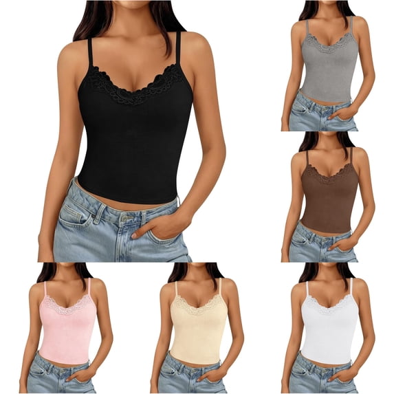 xfsWaSs Crop Tank Tops for Women V Neck Lace Patchwork Tank Top Spaghetti Straps Camisole Solid Color Sleeveless Shirts Cute Going Out Top