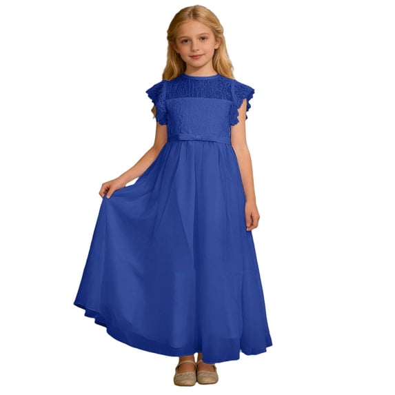xfsWaSs Flower Girl Dress Elegant Lace Party Dress Ruffle Sleeve Formal Wedding Pageant Party Tulle Long Dresses Flowy Pageant Gown Performances 8-9 Years