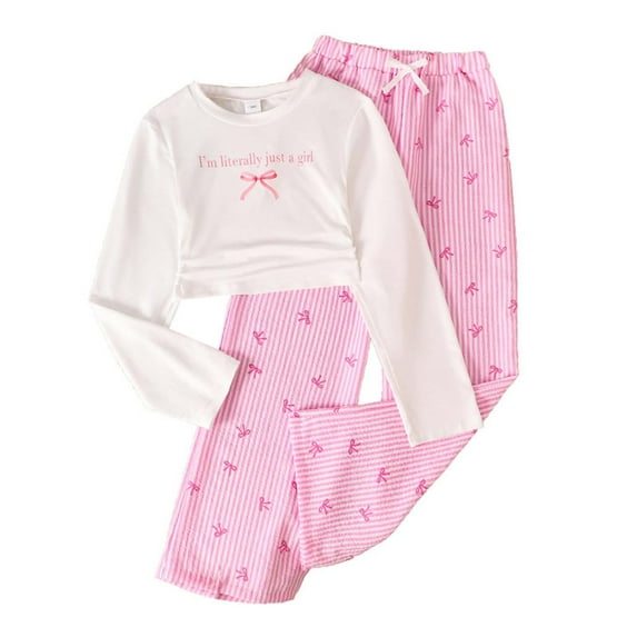 xfsWaSs Girls 2 Piece Outfits Summer Autumn Girls' Clothing Set Bow Print Long Sleeve T Shirts Crop Tops And Casual Striped Long Pants Set 9-10 Years