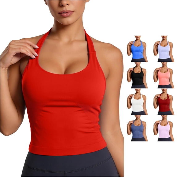 xfsWaSs Halter Crop Tank Tops for Women Open Back Padded Sports Workout Tops with Built In Bra Summer Yoga Athletic Shirts Gym Crop Tops