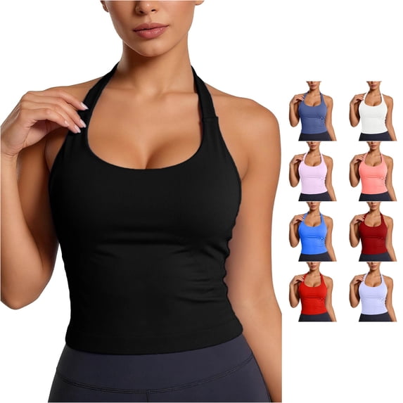 xfsWaSs Halter Crop Tank Tops for Women Open Back Padded Sports Workout Tops with Built In Bra Summer Yoga Athletic Shirts Gym Crop Tops