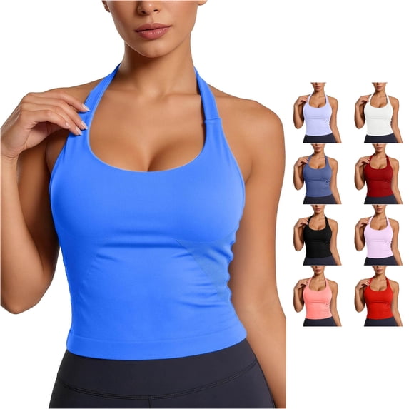 xfsWaSs Halter Crop Tank Tops for Women Open Back Padded Sports Workout Tops with Built In Bra Summer Yoga Athletic Shirts Gym Crop Tops