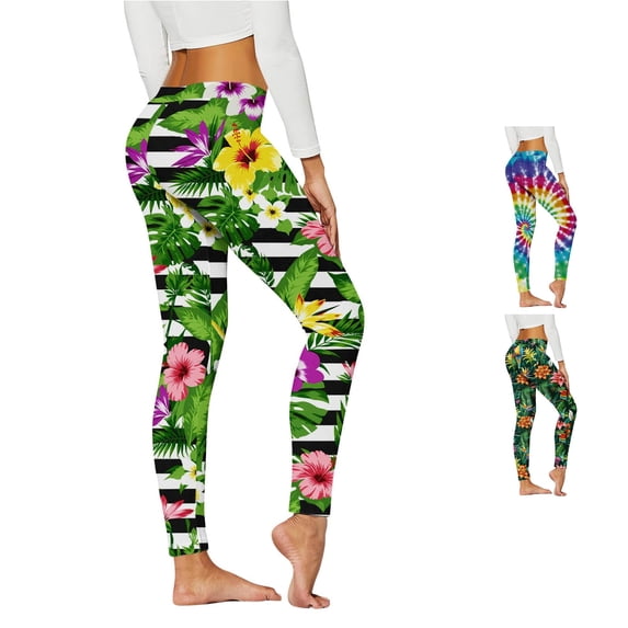 xfsWaSs Leggings for Women Tropical Print High Waisted Yoga Pants Floral/Tie Dye/Striped Workout Leggings Casual Stretch Athletic Bottoms