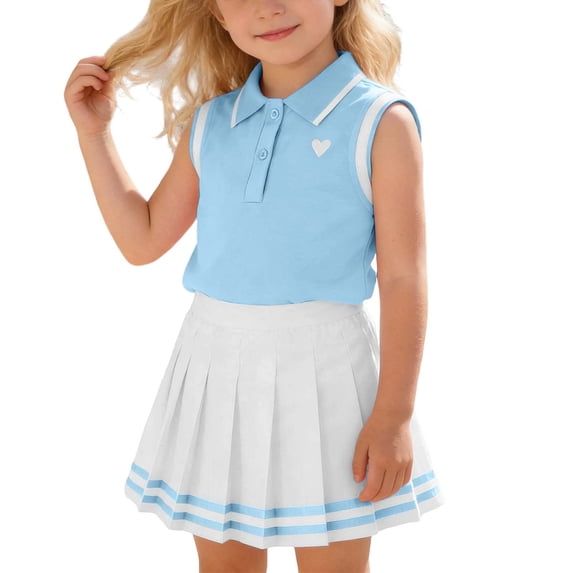 xfsWaSs Little Girls Clothes Toddler Outfit Sleeveless Polo Shirt Summer Tank Tops Pleated Skirt 2 Piece Set Preppy Style Kids Clothing Sets 6-7 Years